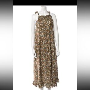 DÔEN Brown Floral Print Maxi Dress Size Small Organic Cotton Cottagecore